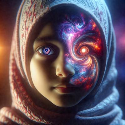 The primary subject of the image is a young girl with blue eyes. She is wearing a white and red scarf, and her eyes are open. The setting is a space-themed background, featuring a spiral galaxy. The visual style is a digital art or illustration, with a vibrant and colorful atmosphere.